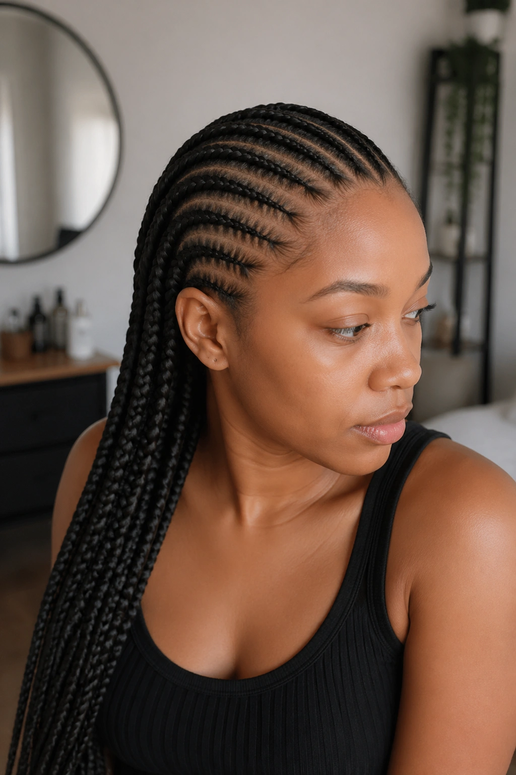 Close-up of kanekalon extensions braided into straight-back cornrows