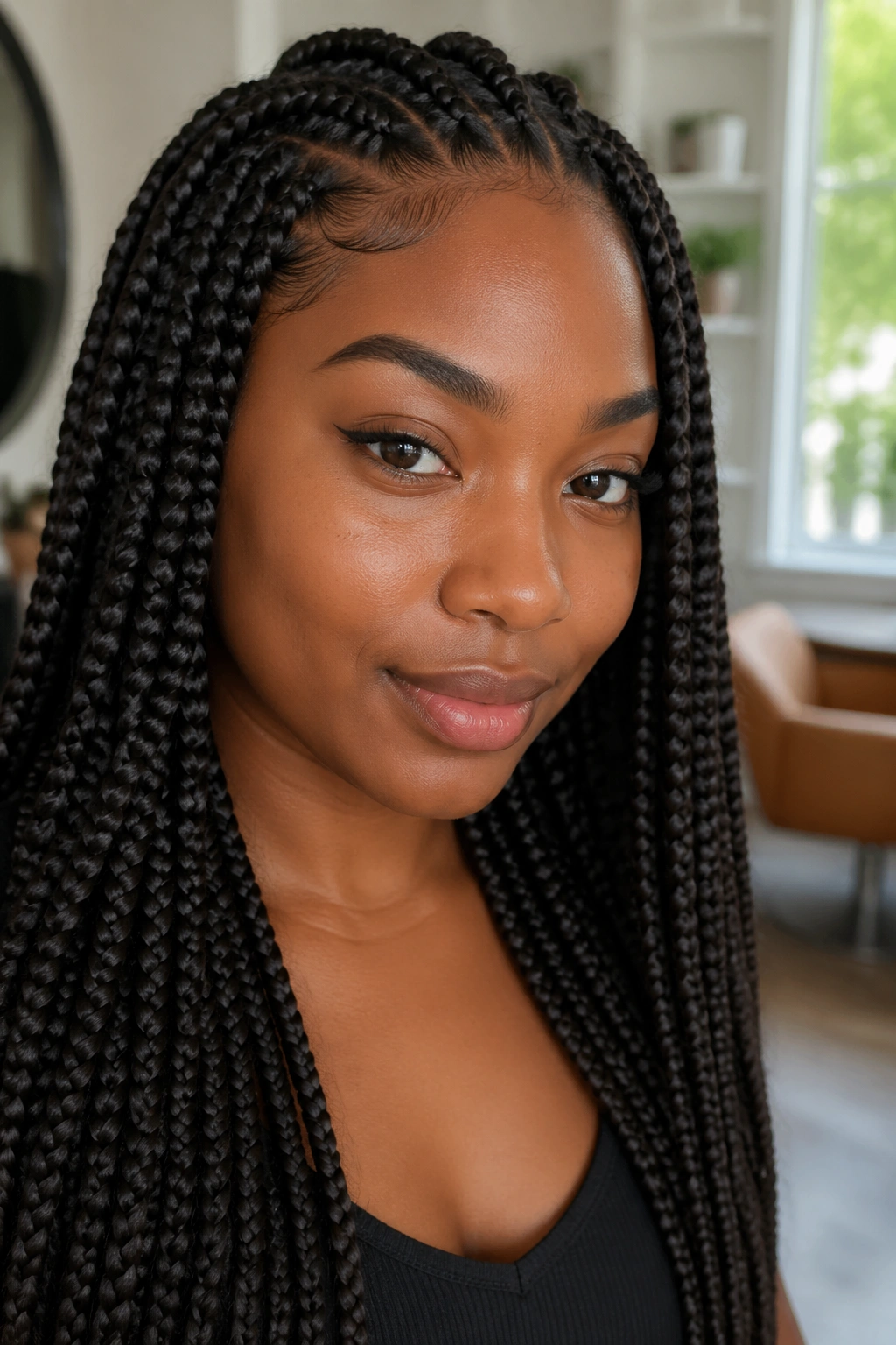 Real person with long Kanekalon box braids in bright setting