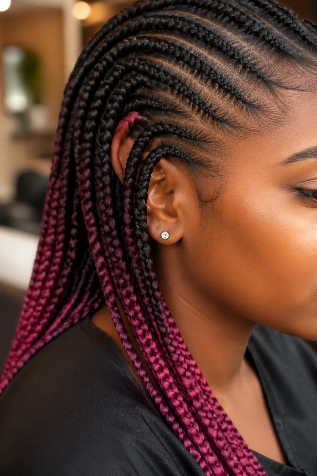 Close-up of gradient kanekalon cornrows with transition starting near jawline.