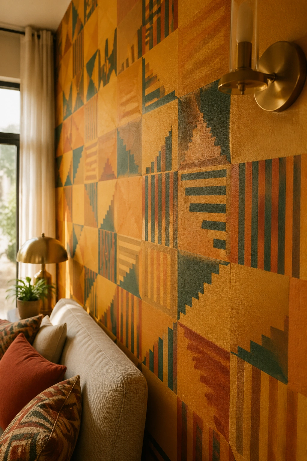 Mustard Kente-inspired accent wall in a living room with warm natural light