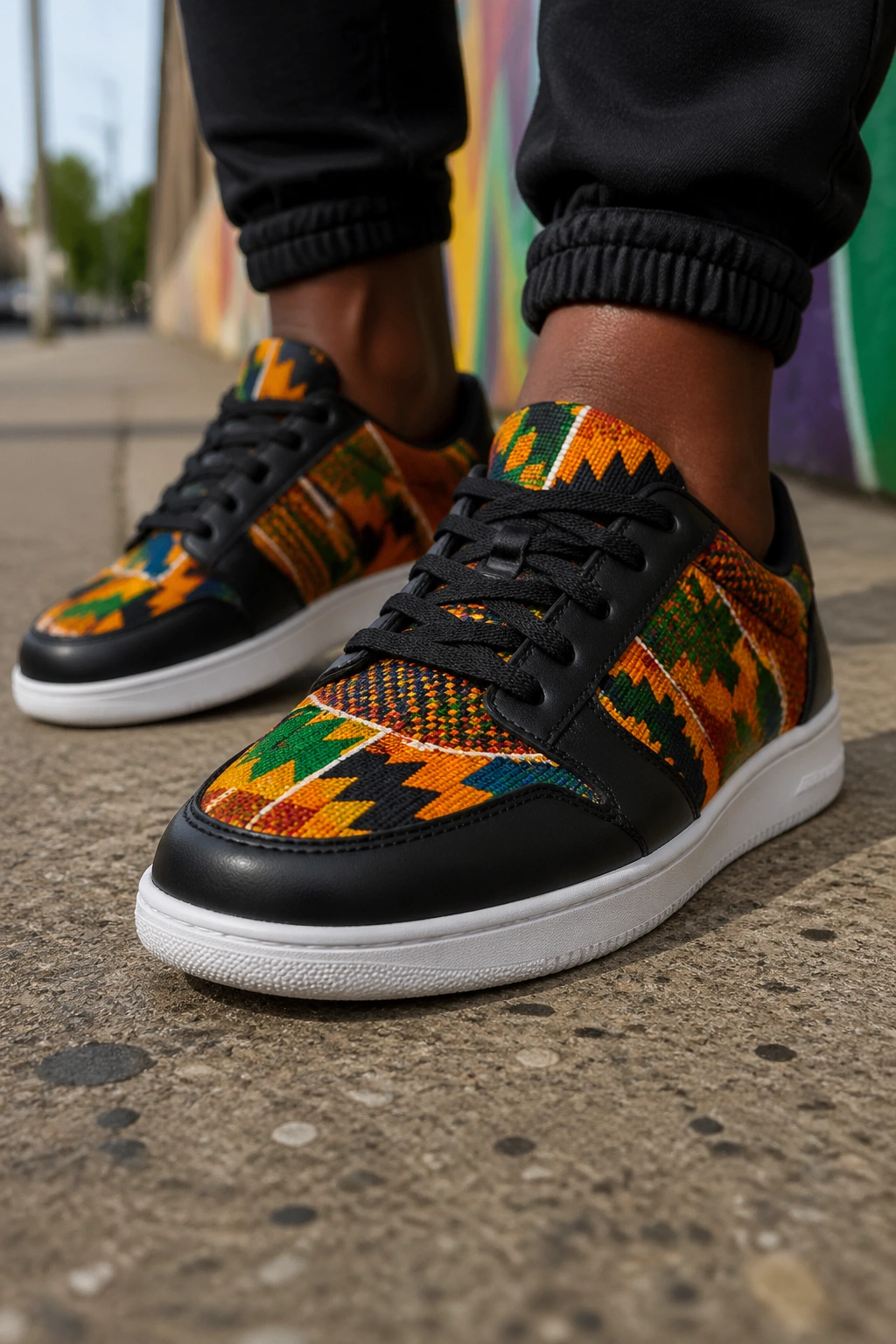 Close-up of Kente-detail sneakers on a sidewalk.