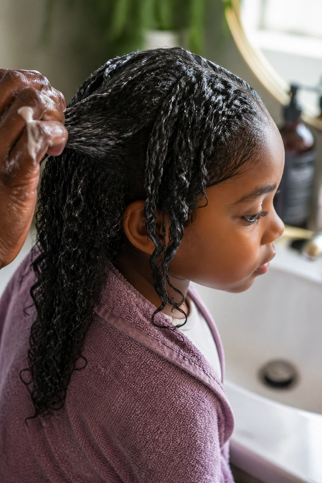 Child's damp hair with conditioner, ready for detangling prep.