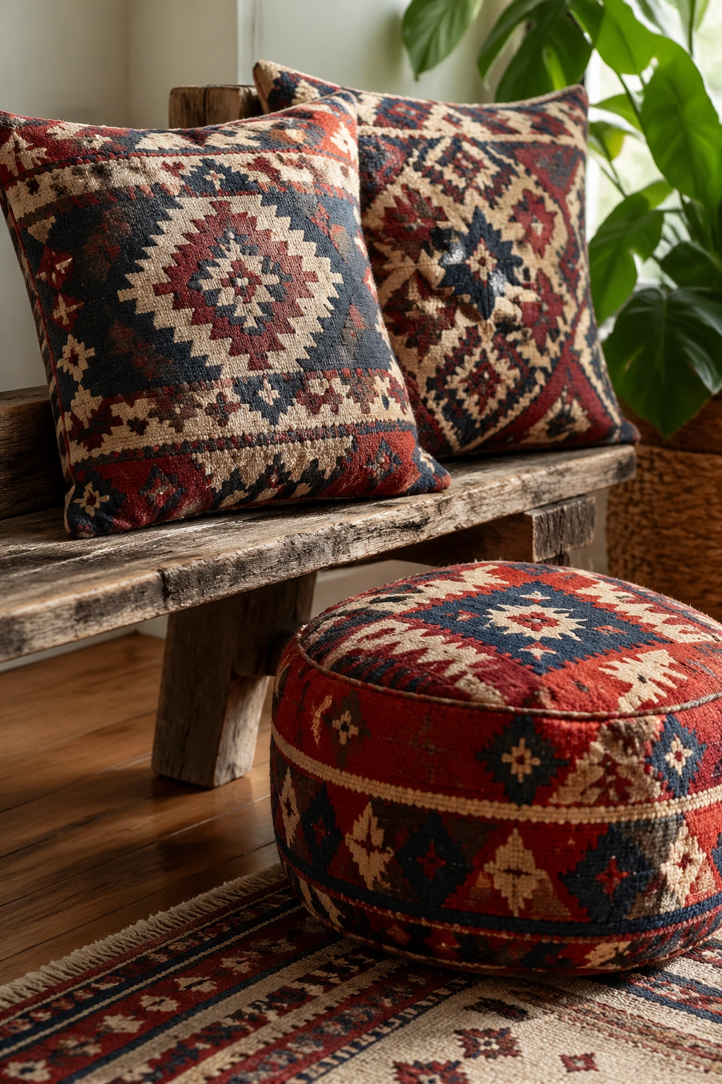 Close-up of vintage kilim pillows and pouf in a sunlit living room corner