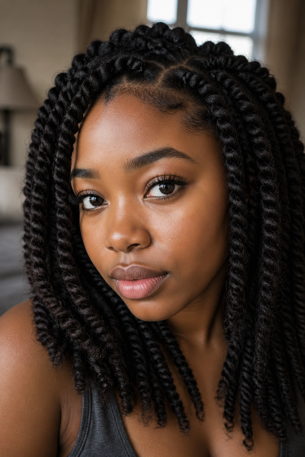 Close-up portrait of a real person with dense kinky braids on afro-textured hair under warm window light