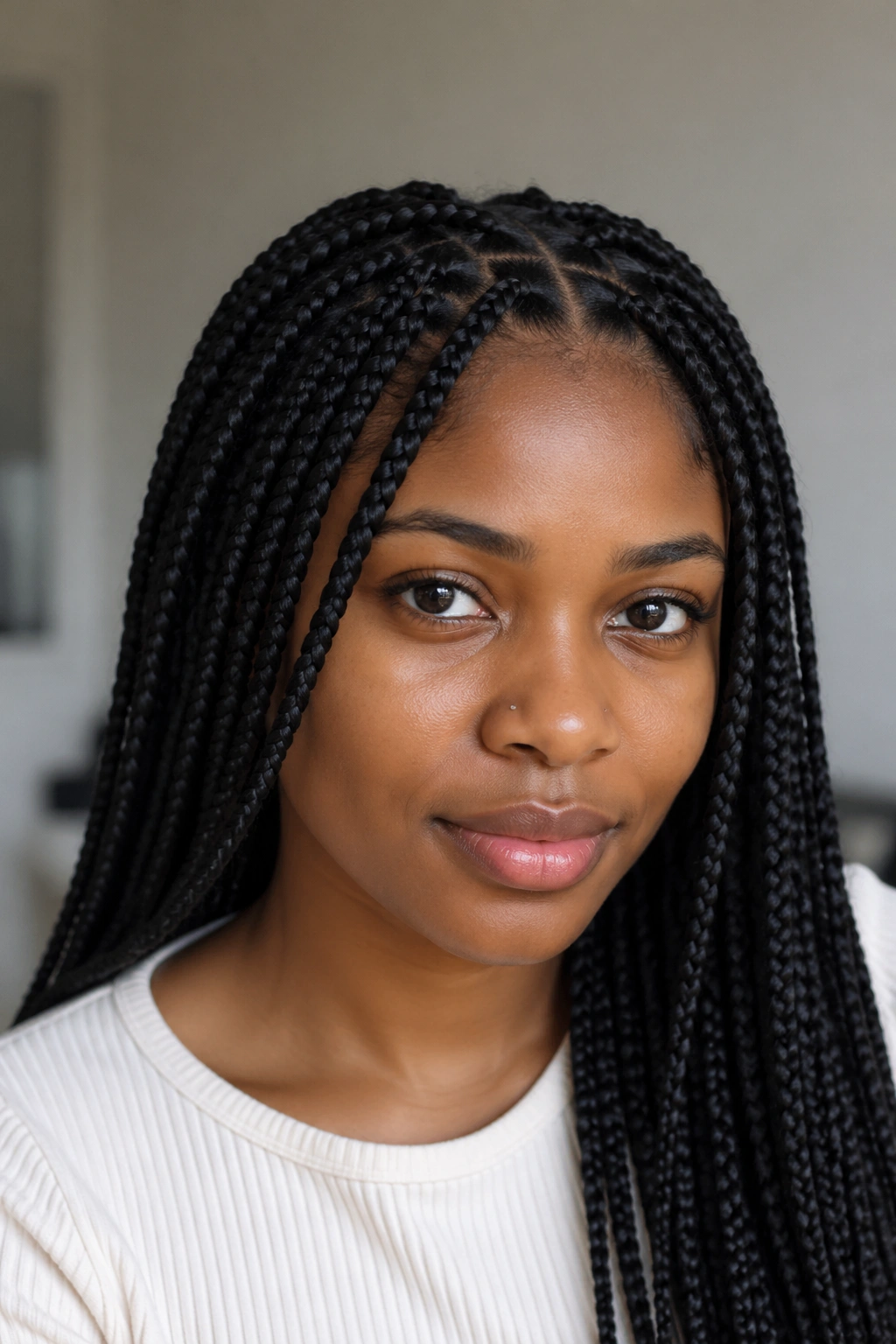 Close-up of a person with knotless box braids and visible scalp along parts