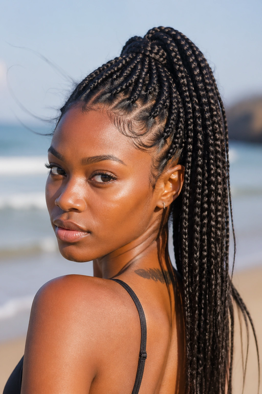Close-up of knotless box braids in a high ponytail at the beach