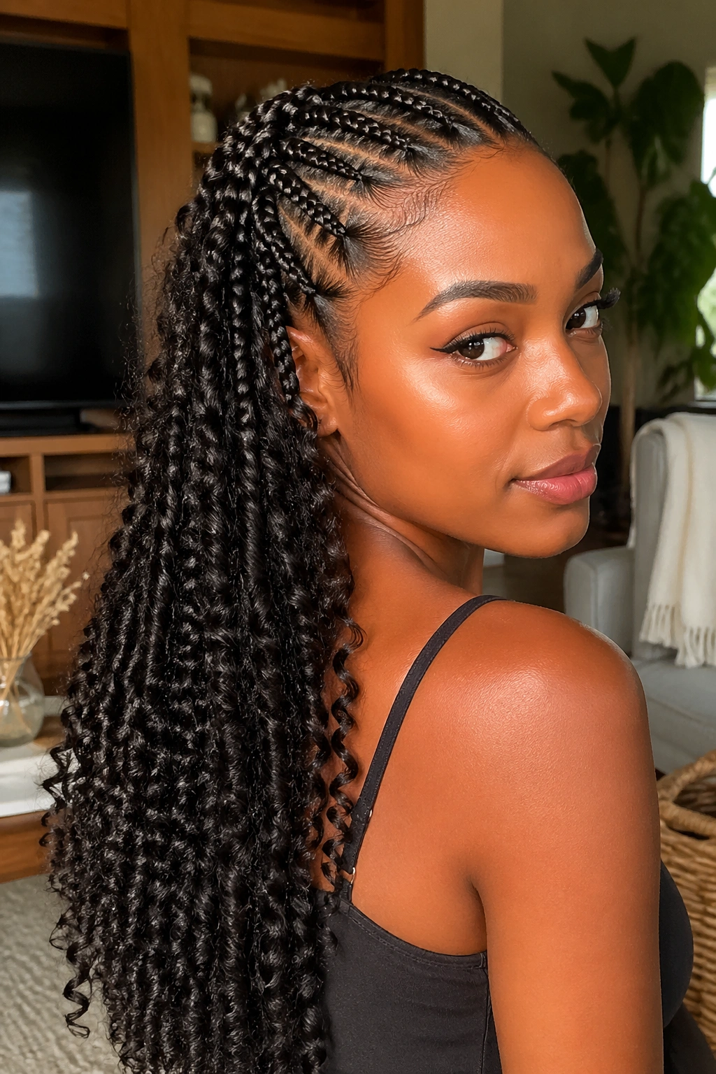 Close-up of a real person with knotless box braids crown and curls down