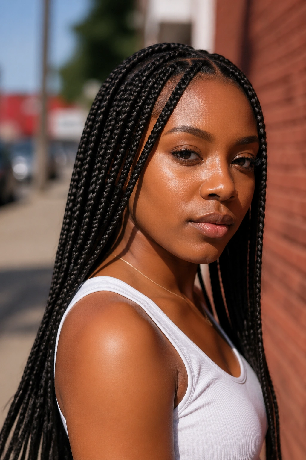 Real woman with knotless box braids close-up portrait