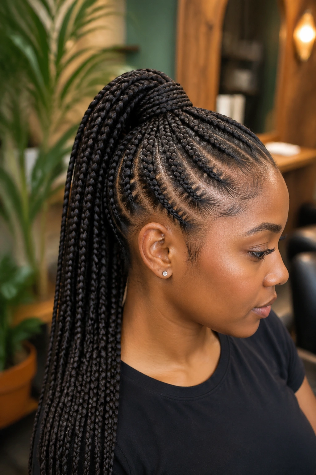 Knotless box braids high ponytail with smooth root and no bulky knot.