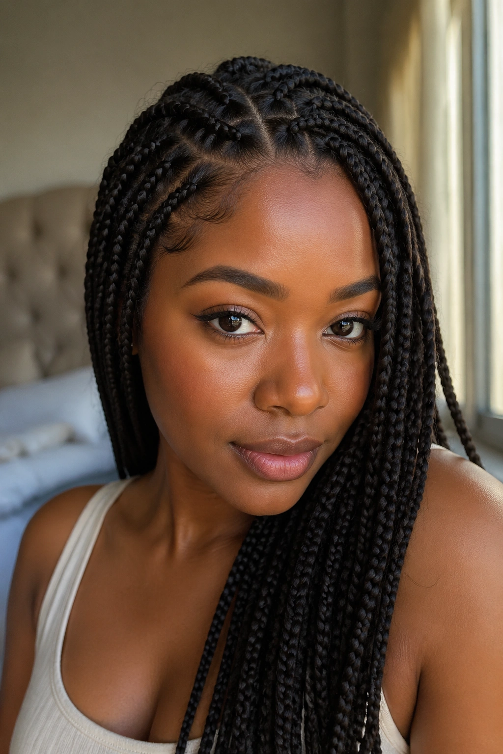 Close-up of a real woman with knotless braids on natural hair, scalp visible and smooth roots.
