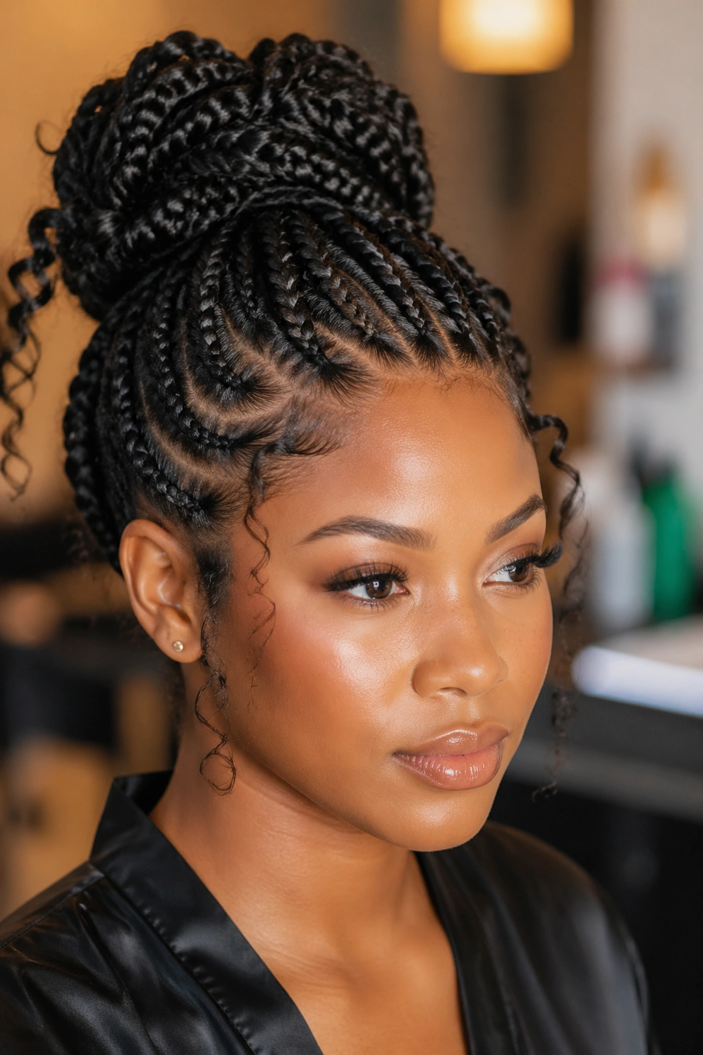 Close-up of real person with knotless braid updo.