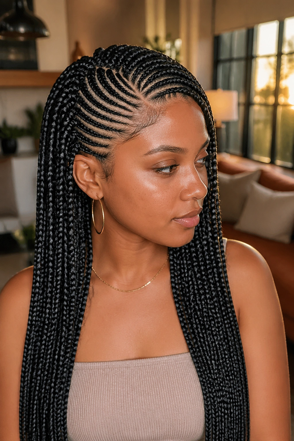 Close-up portrait of a real woman wearing knotless cornrow crown and side-part box braids in warm daylight