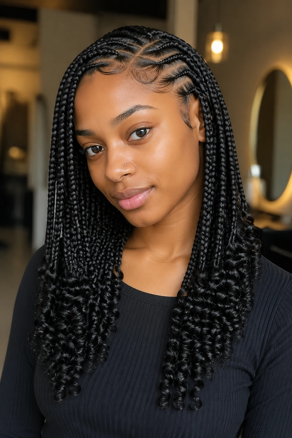 Close-up of knotless cornrows ending in curly ends