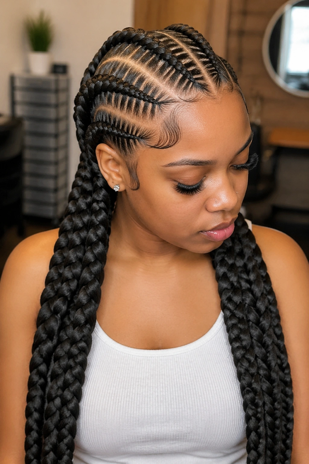 Close-up of knotless cornrows transitioning into jumbo box braids