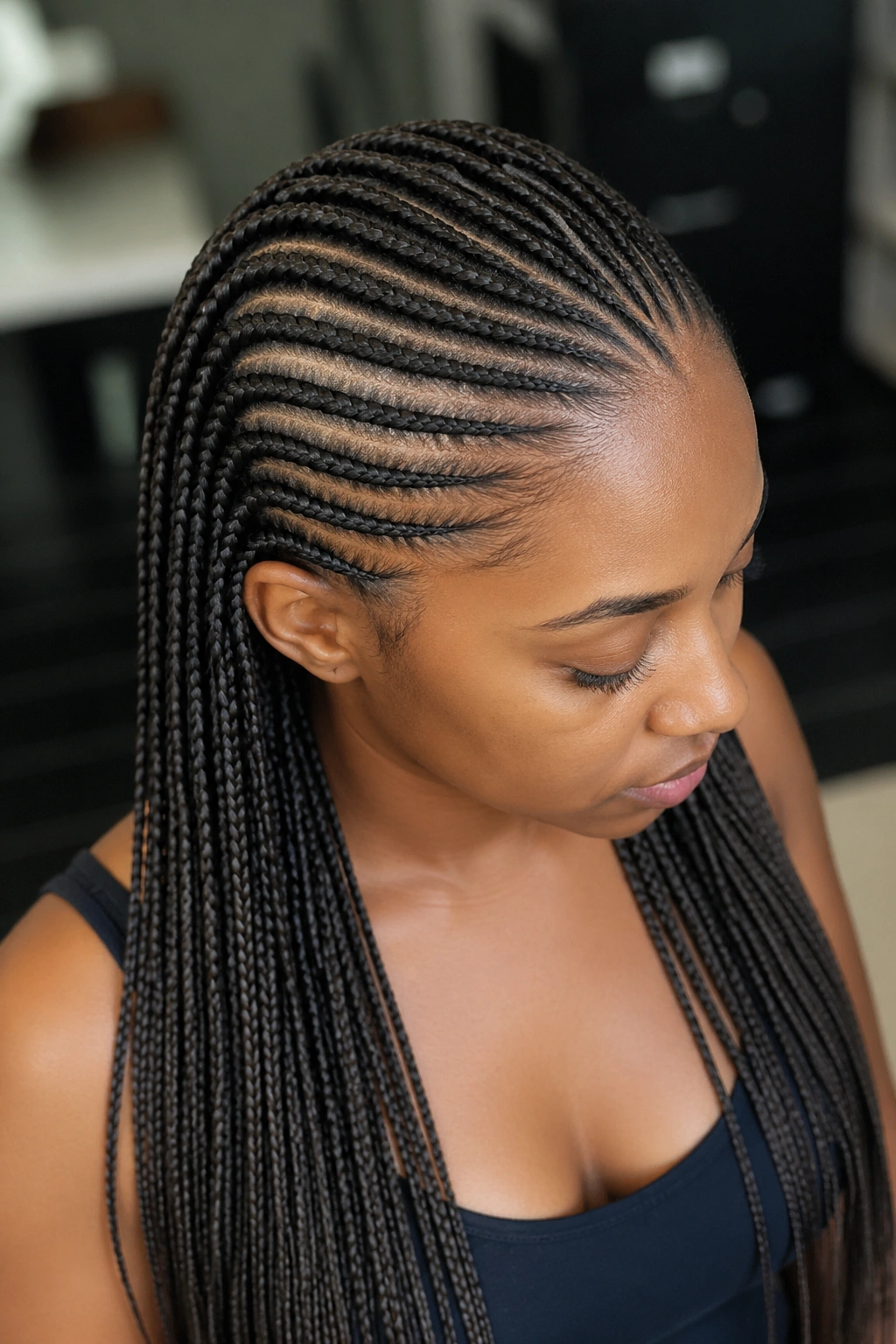 Close-up of knotless cornrows with micro box braids