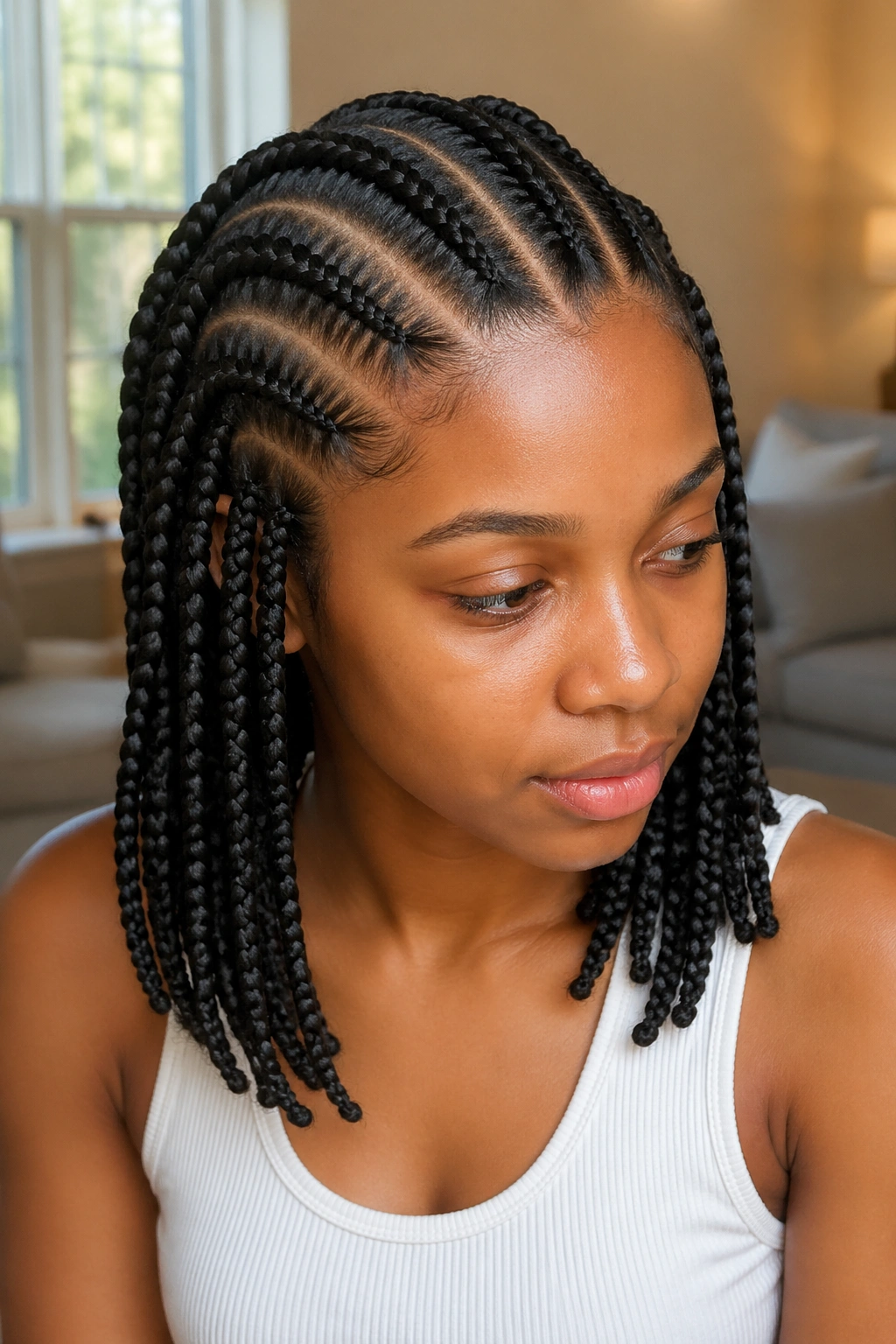 Close-up of five knotless cornrows transitioning to shoulder-length box braids on a real person, natural window light