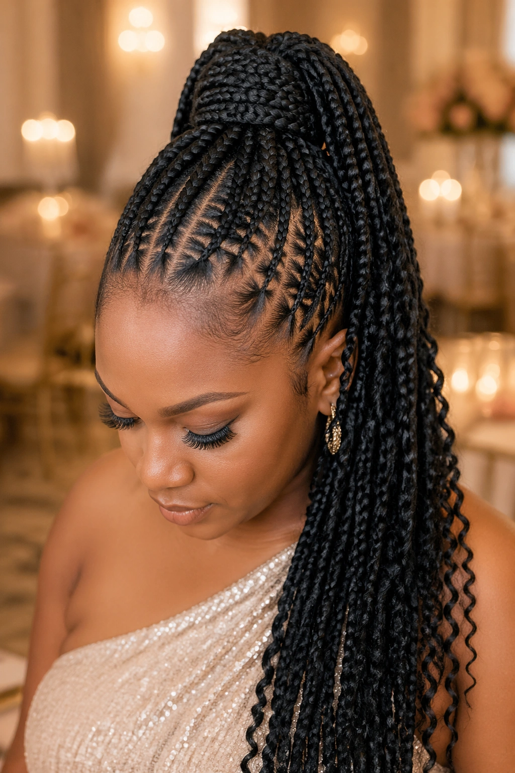 Portrait of a real woman with knotless cornrow up-do and loose braided tails, suitable for formal events