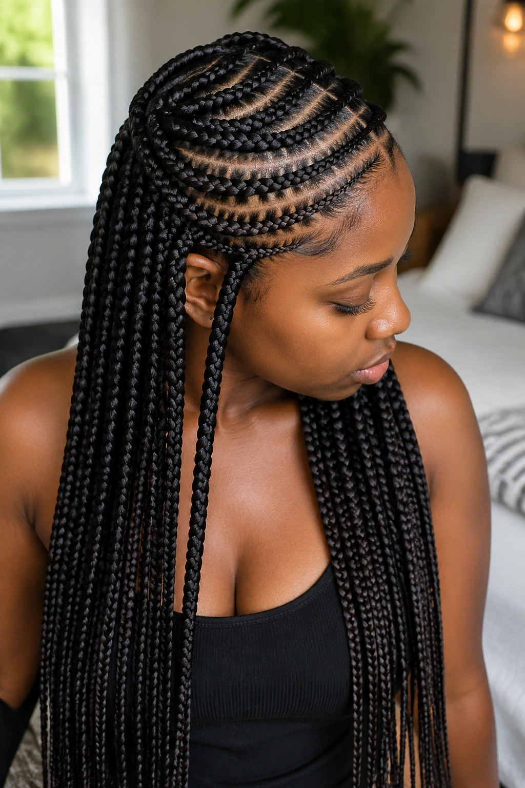 Close-up of knotless crown with waist-length box braids on a real person, natural daylight