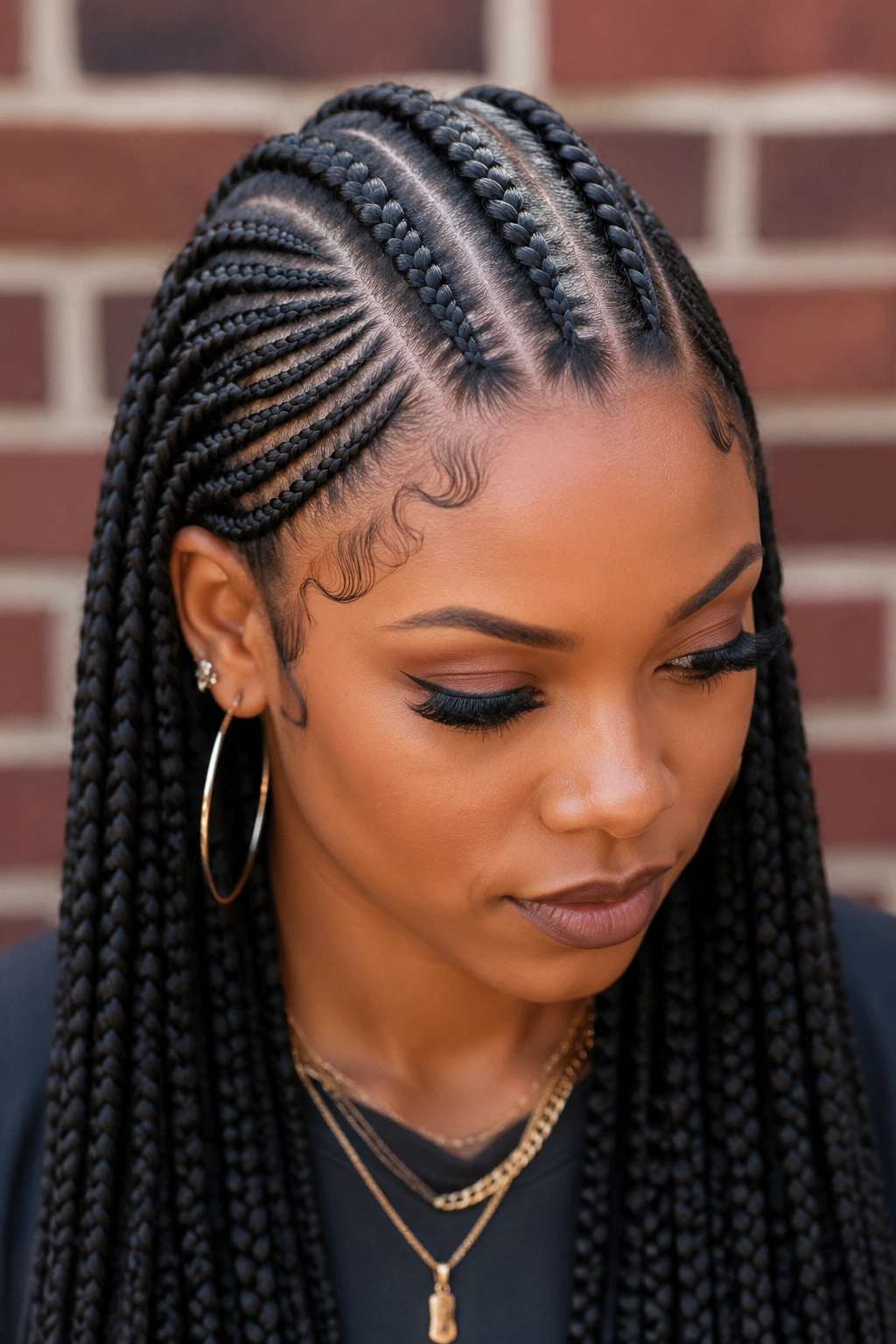 Close-up portrait of a real person with knotless cornrow mohawk and box braid sides