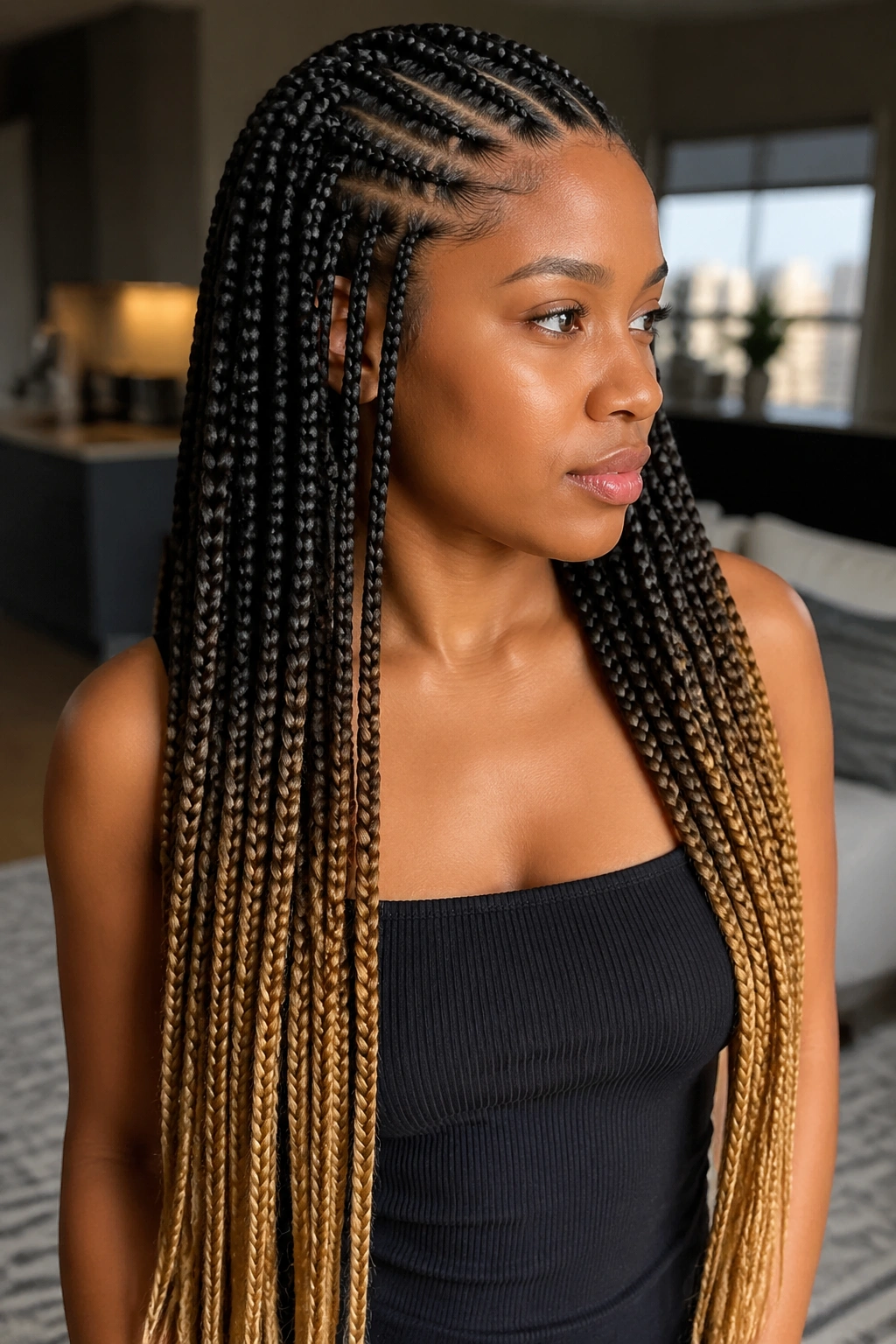 Portrait of knotless cornrows with ombre box braids showing root-to-light color transition