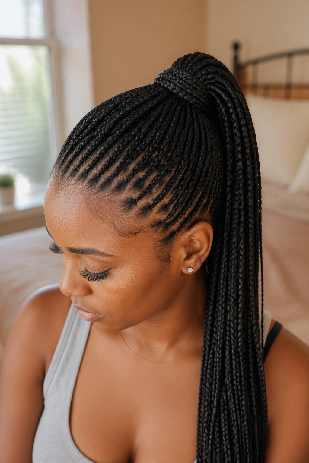 Close-up portrait of a real woman with a high knotless ponytail under soft bedroom light