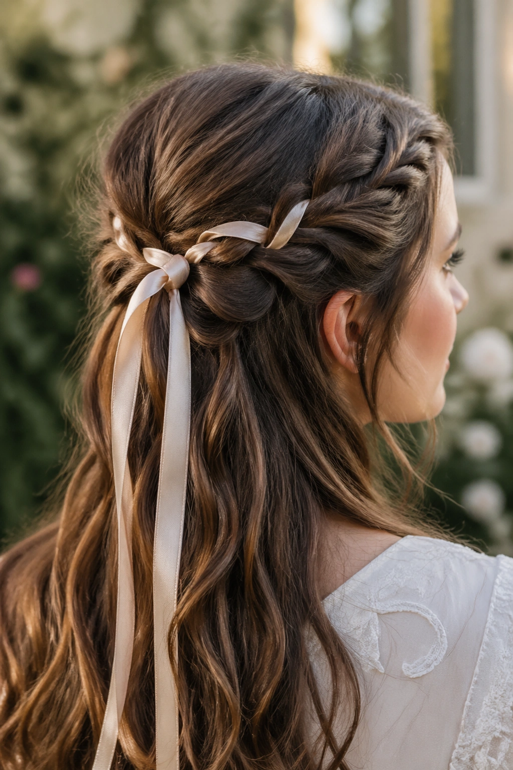 Real woman with knotted braid and satin ribbon in half-up hairstyle