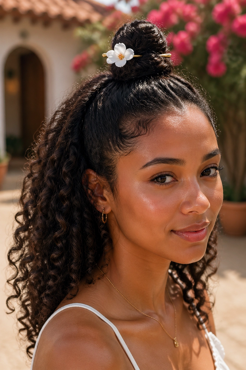 Close-up of a real woman with a knotted half-up hairstyle and flower pin