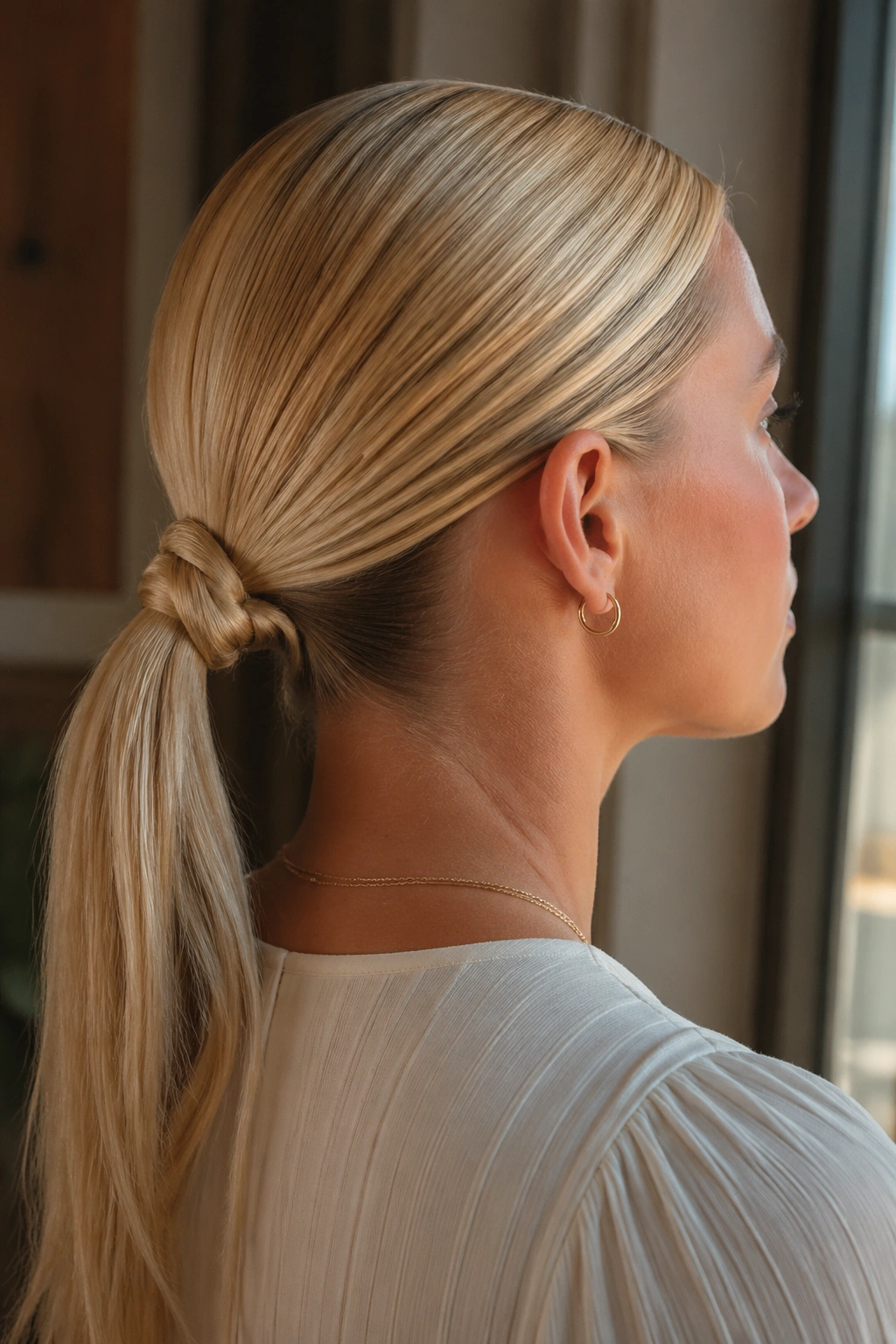 Knotted ponytail close-up on real woman with flat knot at base, blonde hair