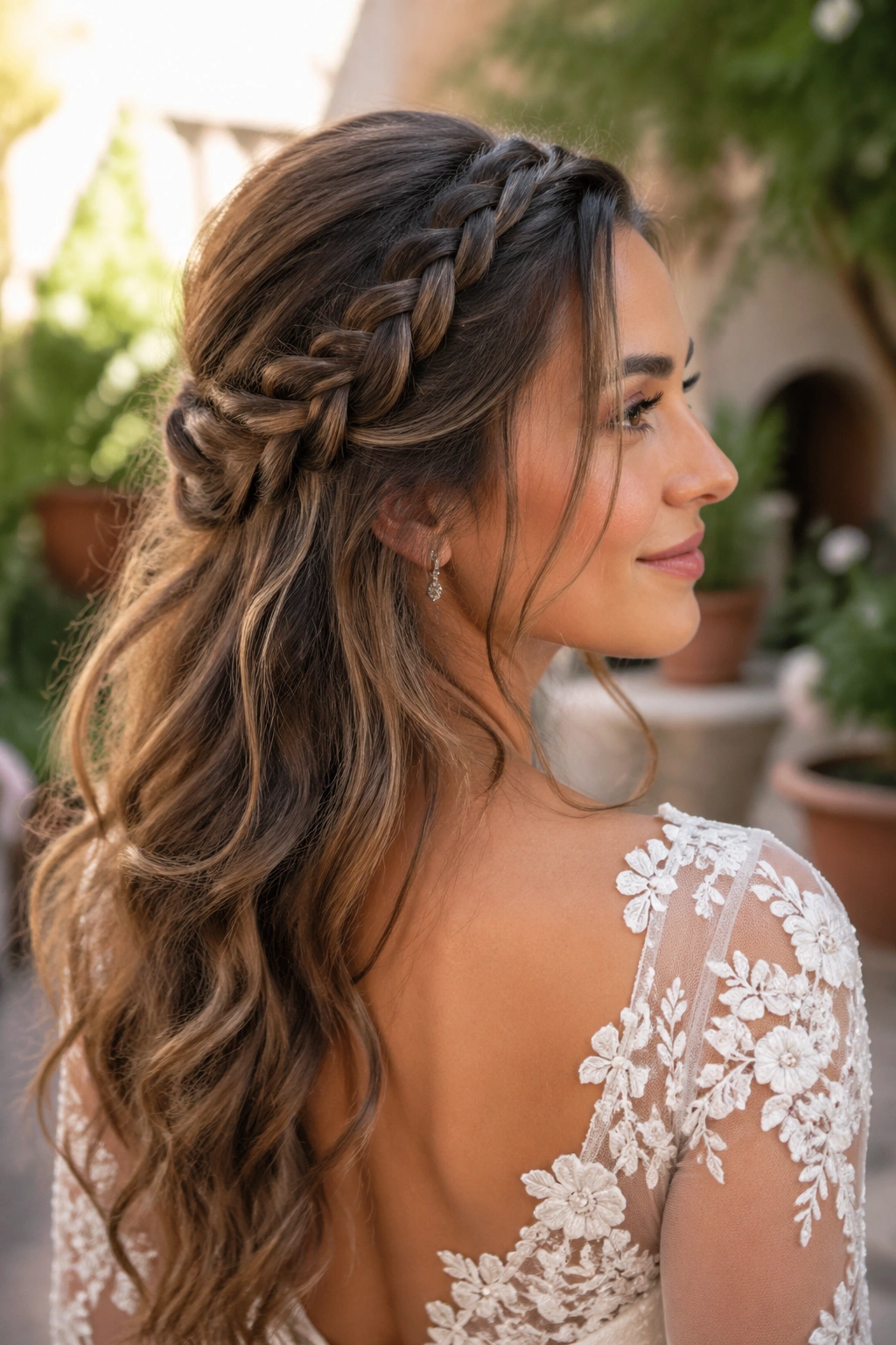 Close-up portrait of a real woman with a lace braid sweeping along the side of the head.