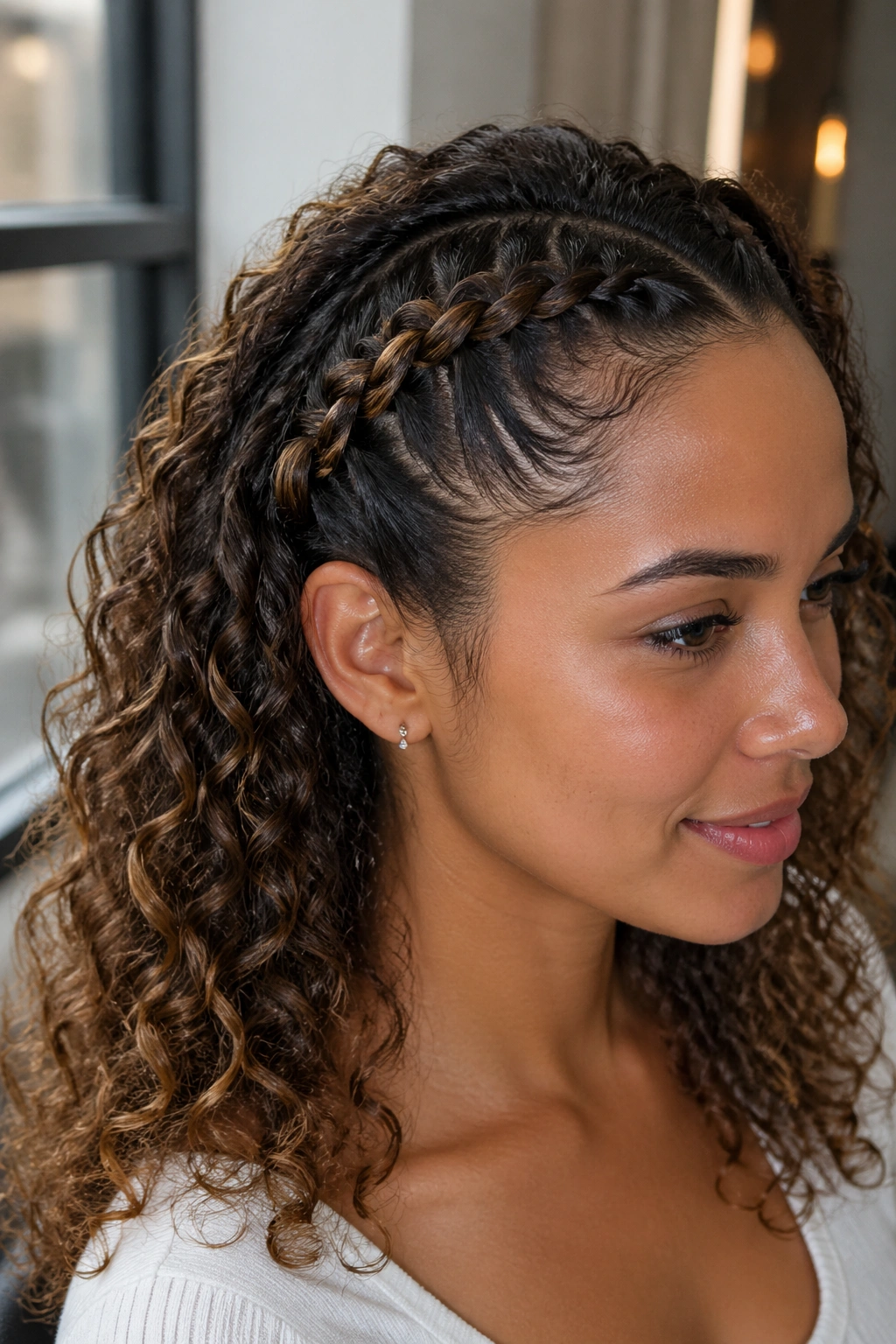 Real woman with lace braid from temple to crown in a salon setting.
