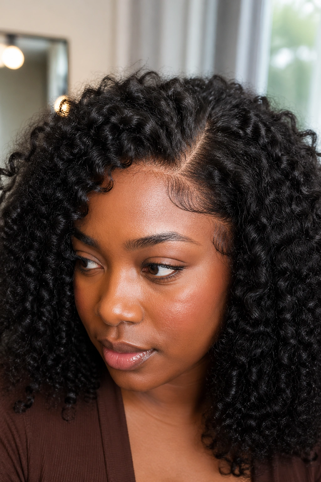 Real person wearing a wig with a lace-front hairline visible