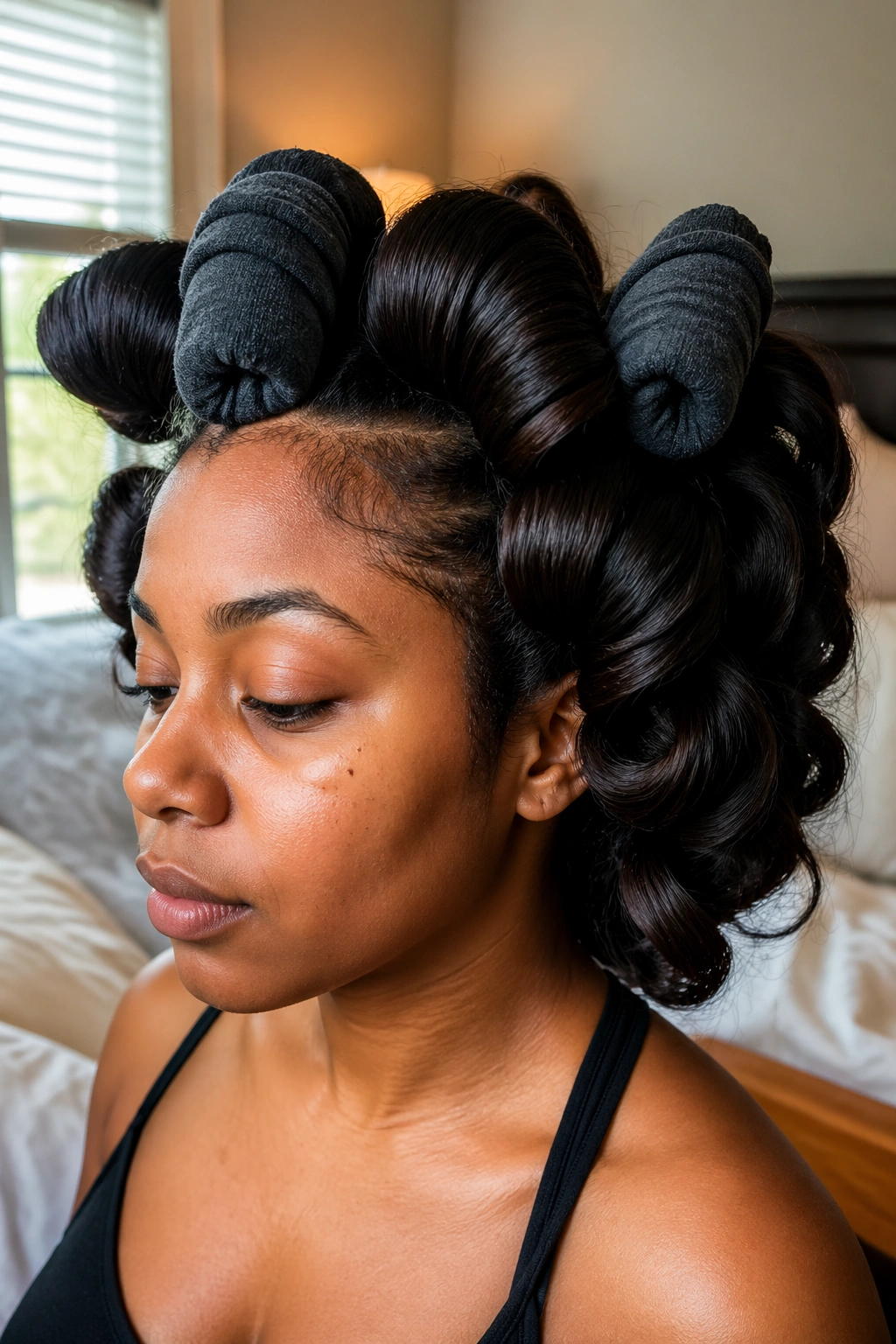 Close-up of large sock curls creating maximum volume on a real person