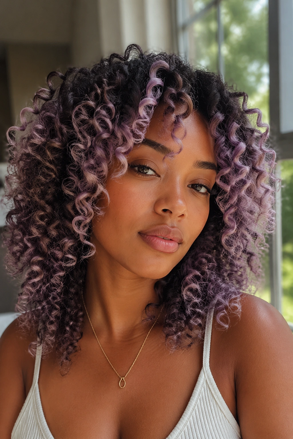 Close-up of highlighted natural curls with lavender balayage under daylight.