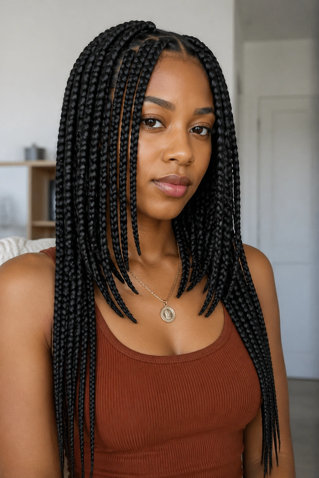 Real woman with layered lengths of box braids.