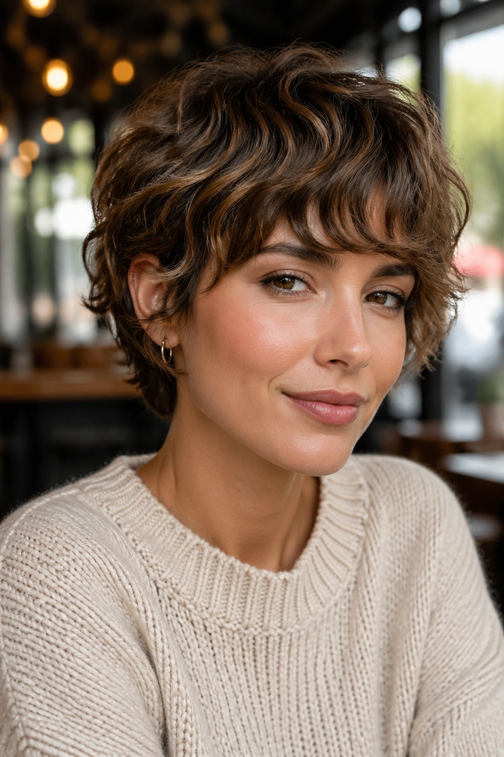 Close-up portrait of a real woman with layered crop shag in a cafe