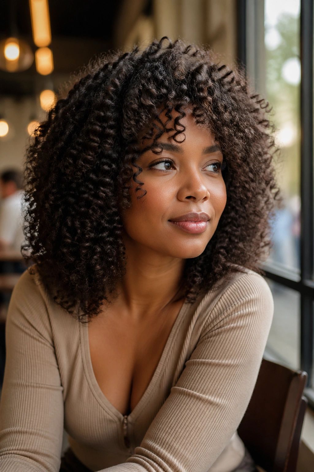 Close-up of real person wearing layered curl wig with face-framing layers