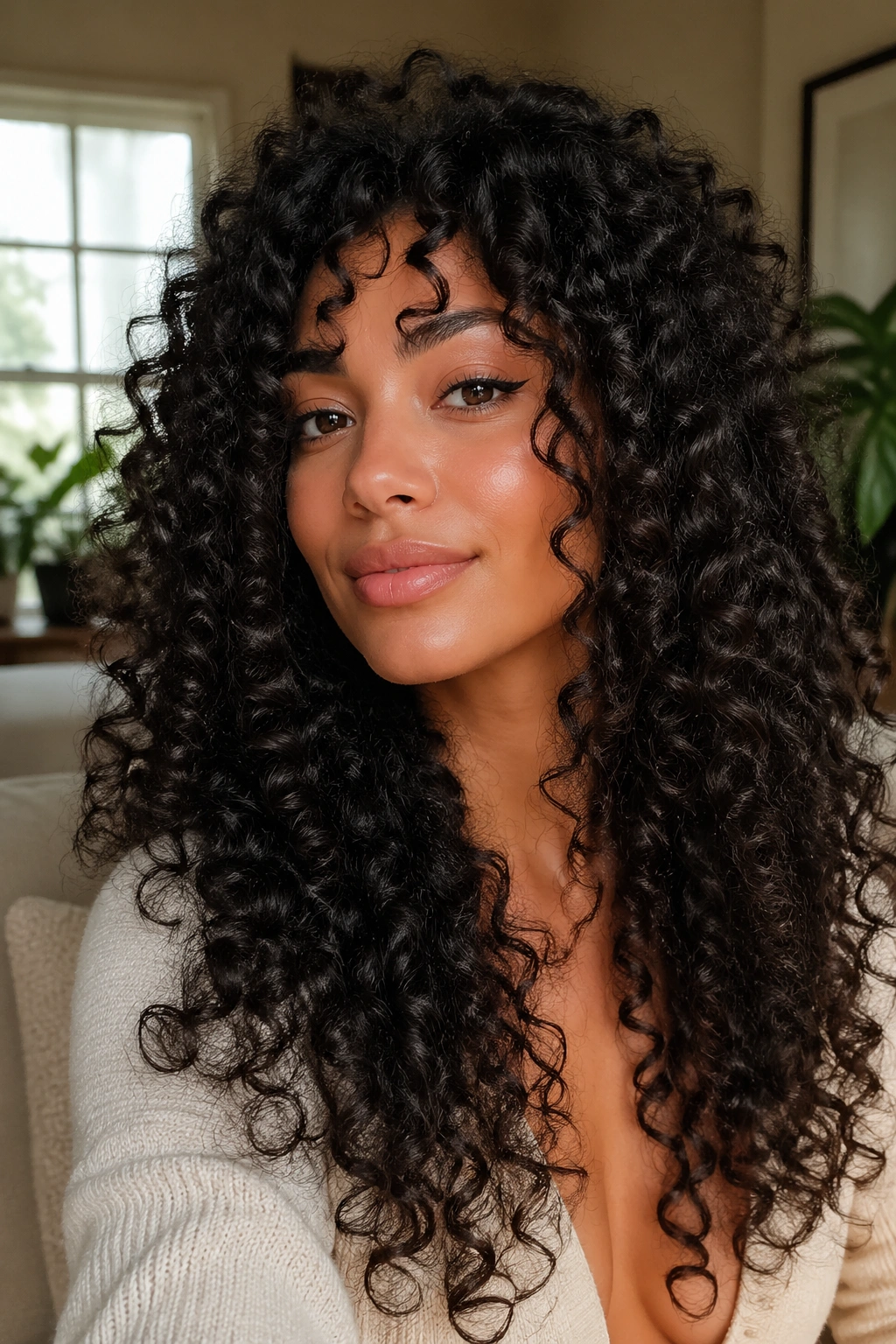 Close-up portrait of a real woman with long layered curls showing defined curl definition and weight distribution.