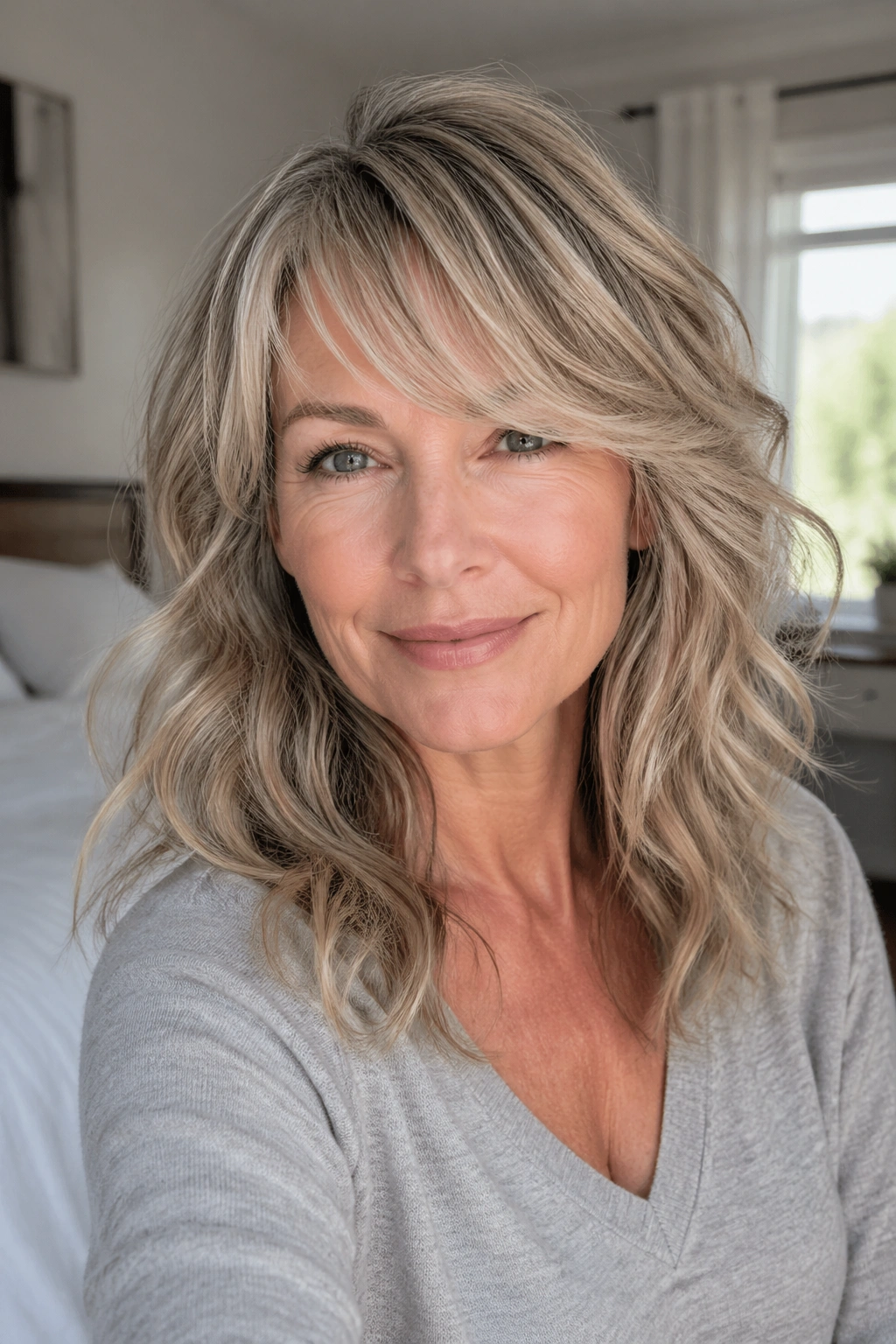 Close-up showing layered haircut with side-swept bangs on a real woman in soft daylight
