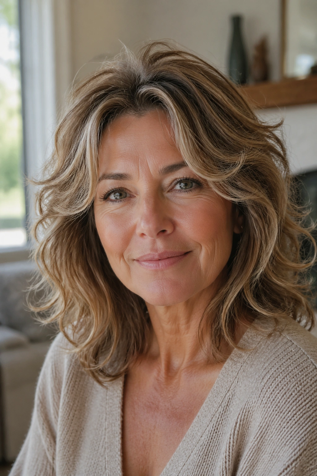 Portrait of a real woman with soft layered halo cut around the crown