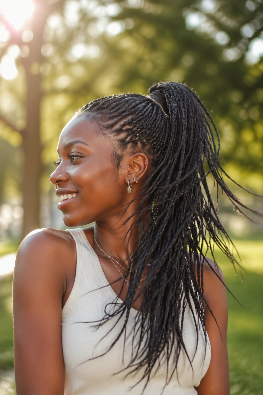 Layered-length ponytail on a real woman showing movement in the layers.