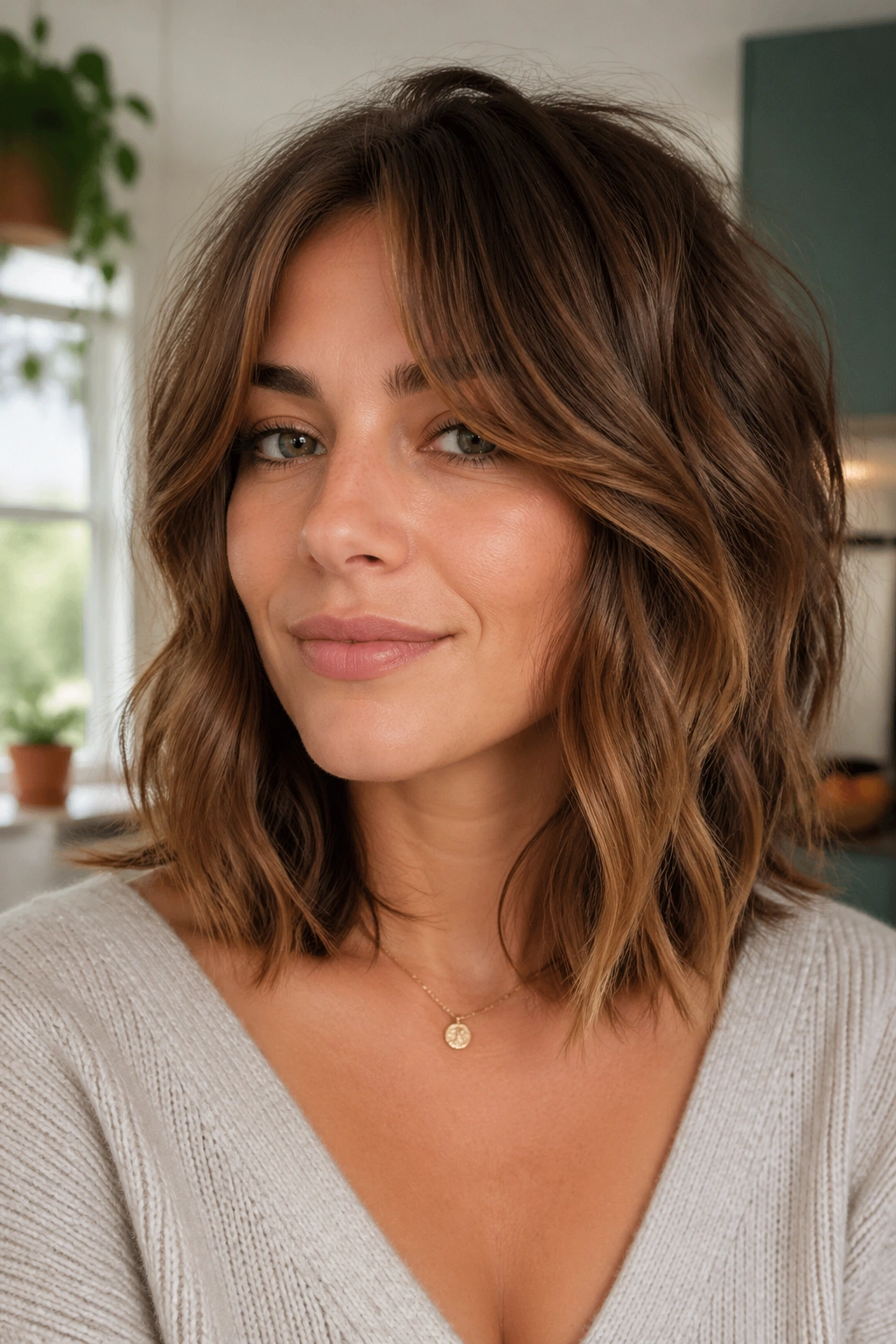 Portrait of a real person with layered lob shag in bright kitchen setting