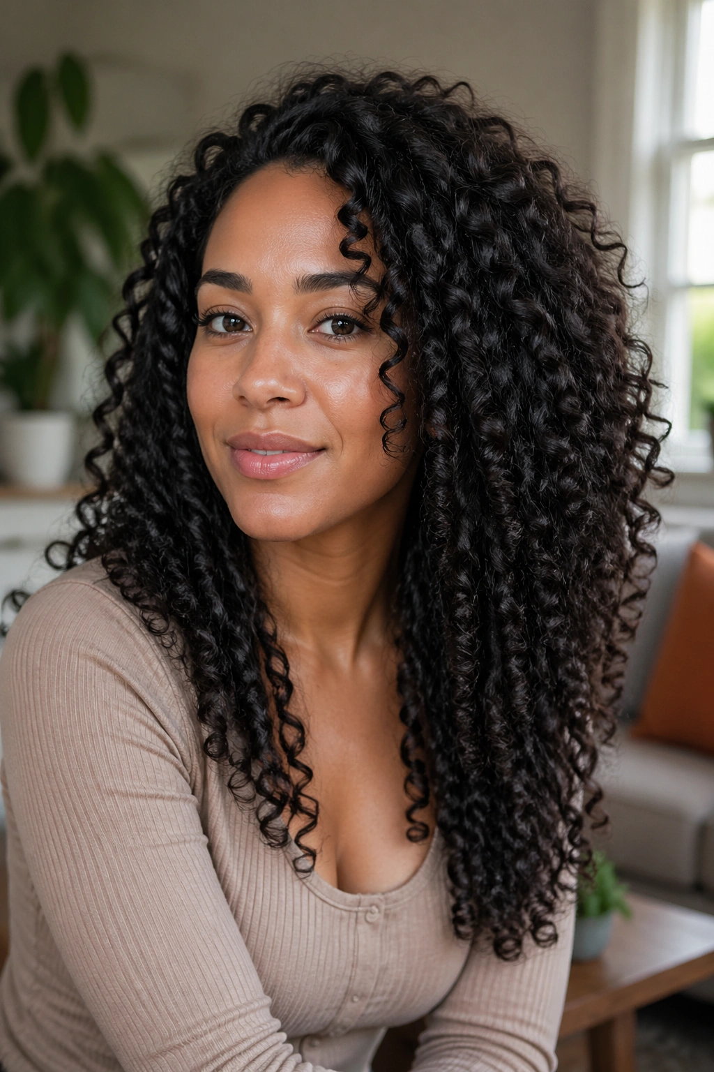 Close-up of a real person with layered natural cut maintaining length in soft light