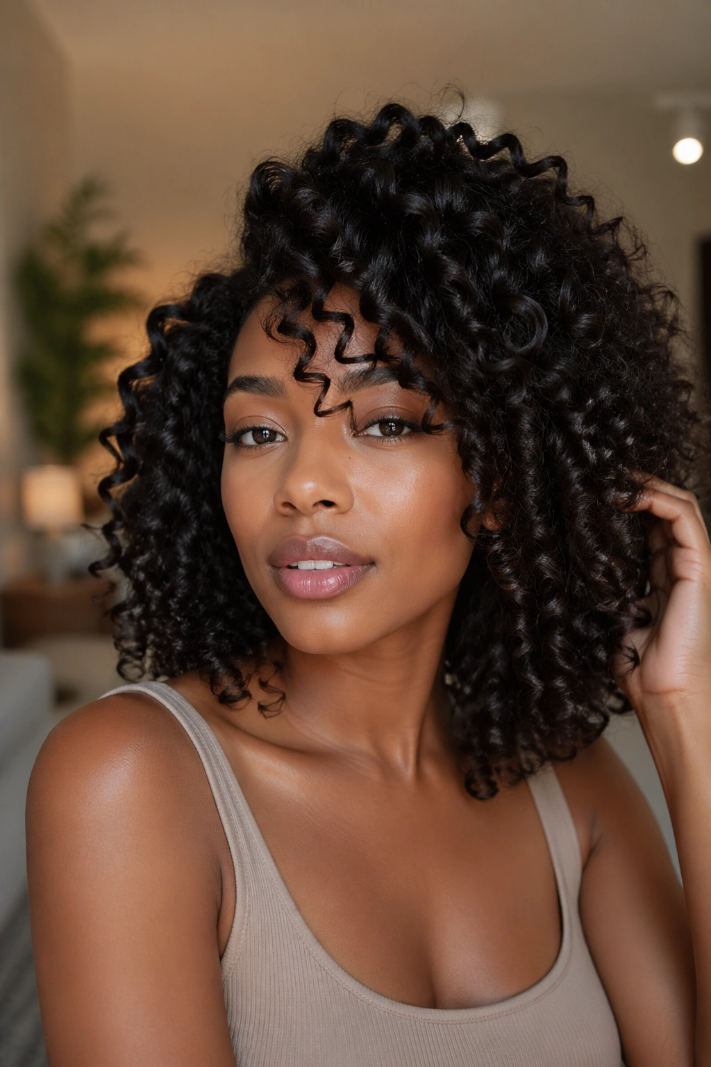Close-up of a real woman's glossy, defined curls after product layering.