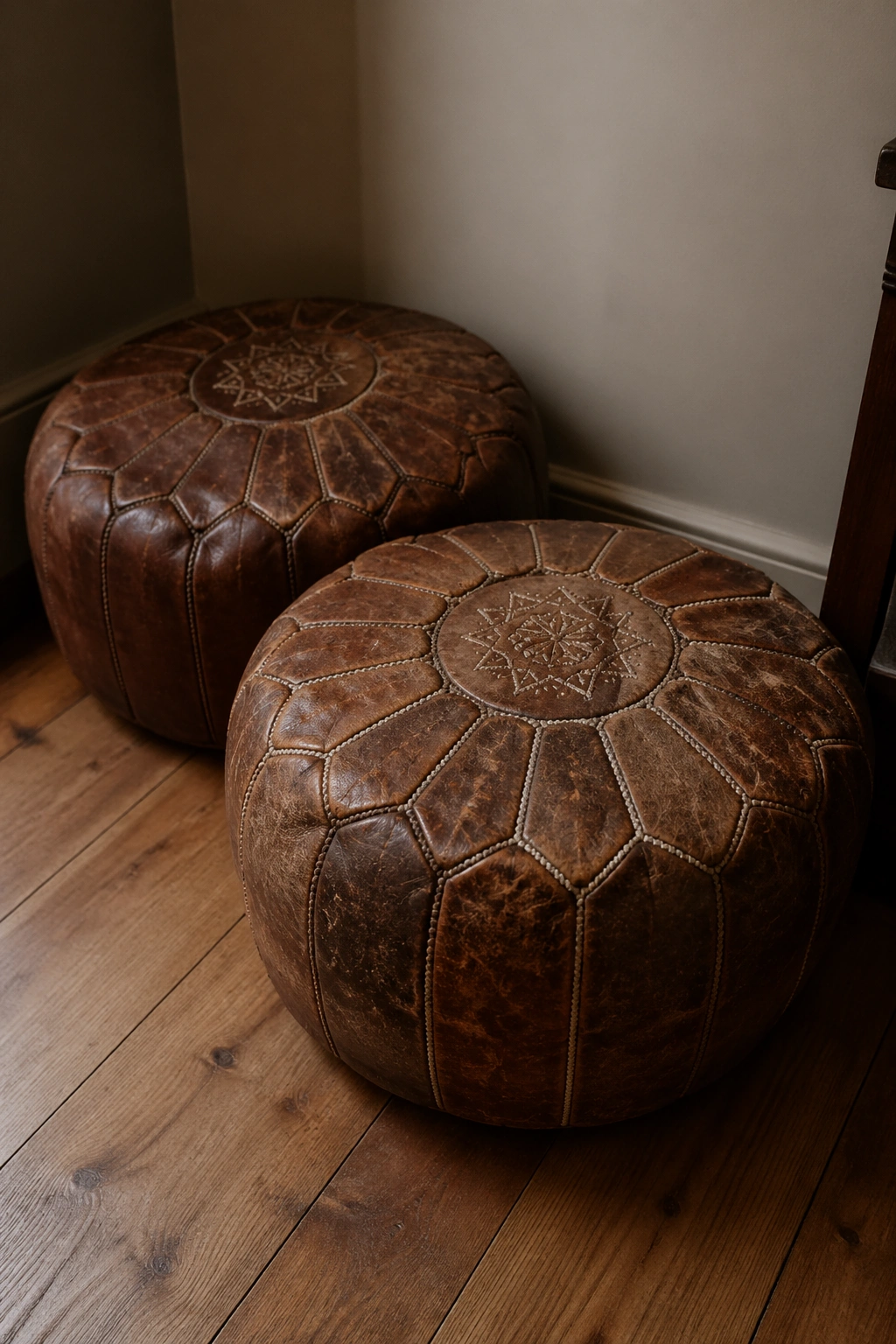 Two secondhand Moroccan leather poufs with patina in a cozy living corner.