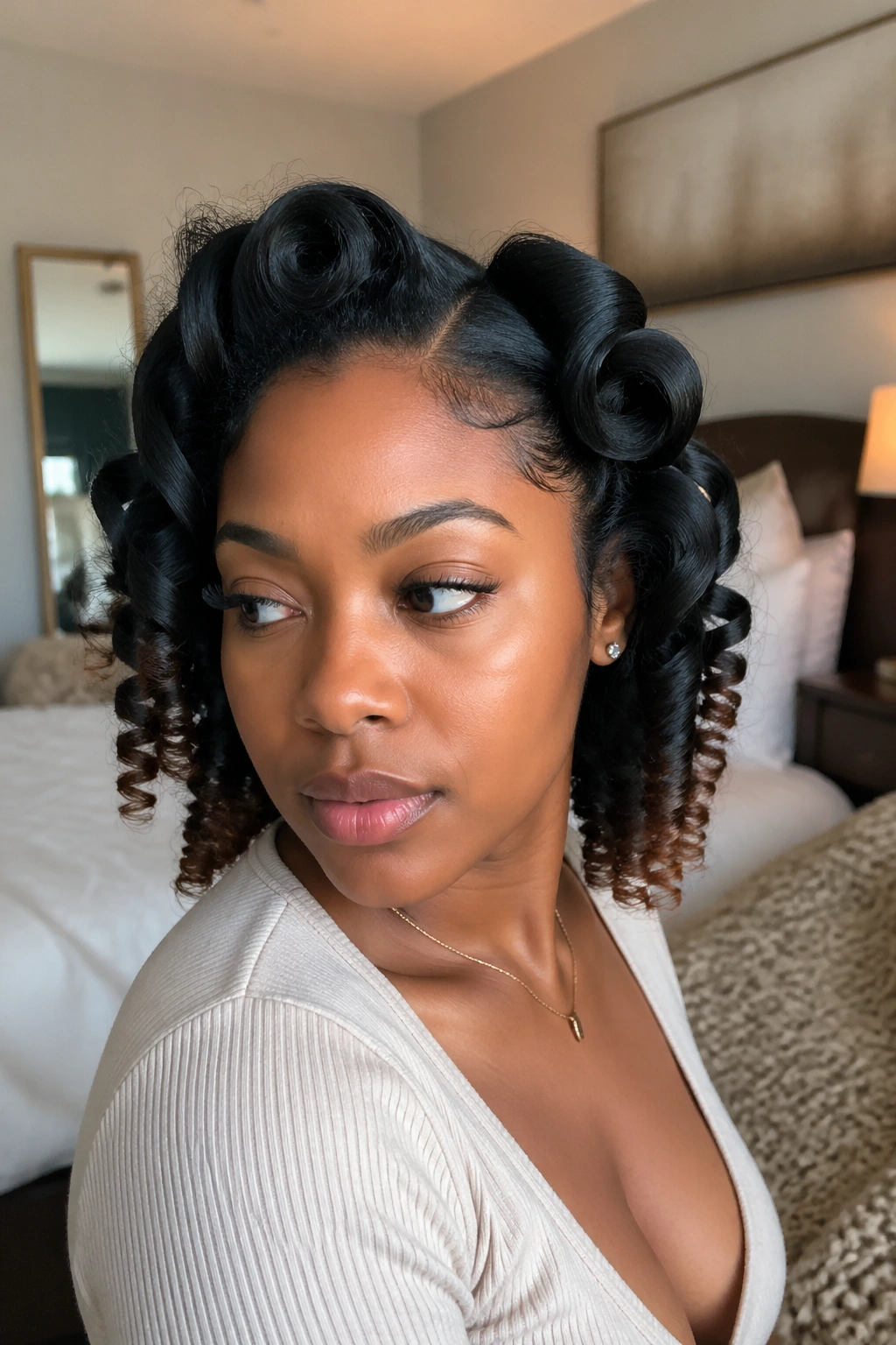 Close-up of a real woman with silk press curls and natural leave-out ends
