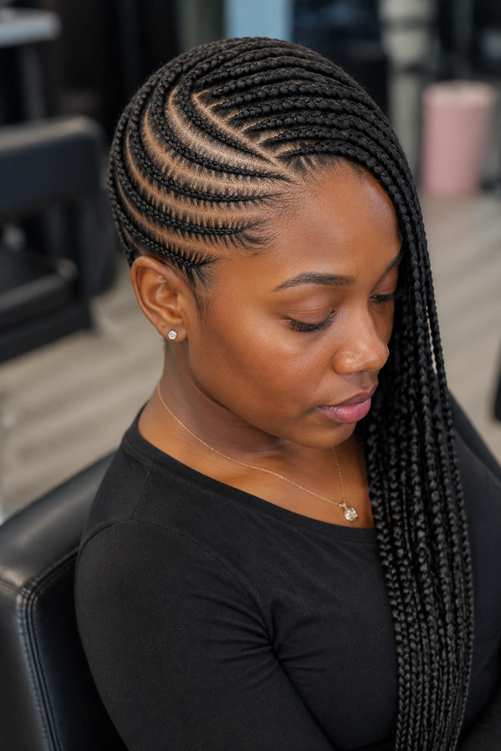 Close-up of lemonade braids sweeping from the side across the crown on a real person