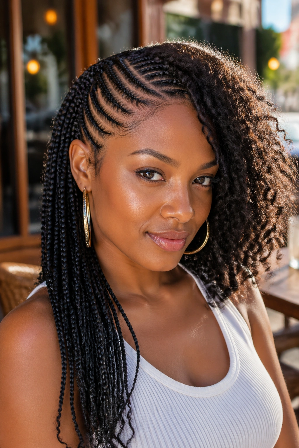Close-up of a real person with lemonade braids on one side and curls on the other