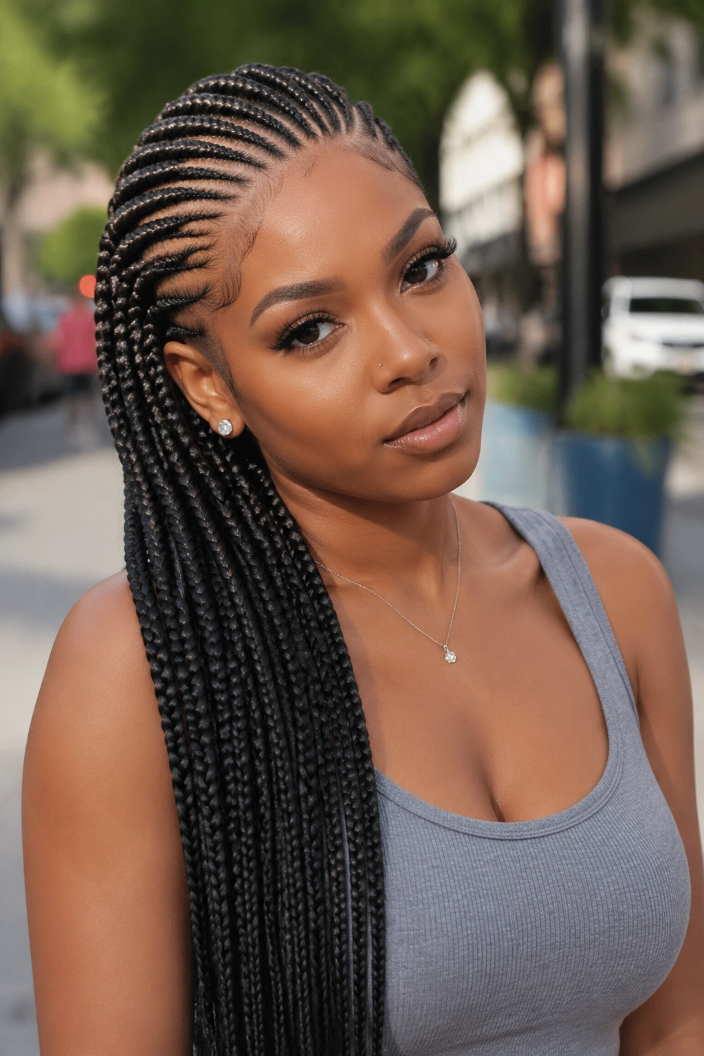 Side-swept lemonade braids on a real woman in outdoor daylight