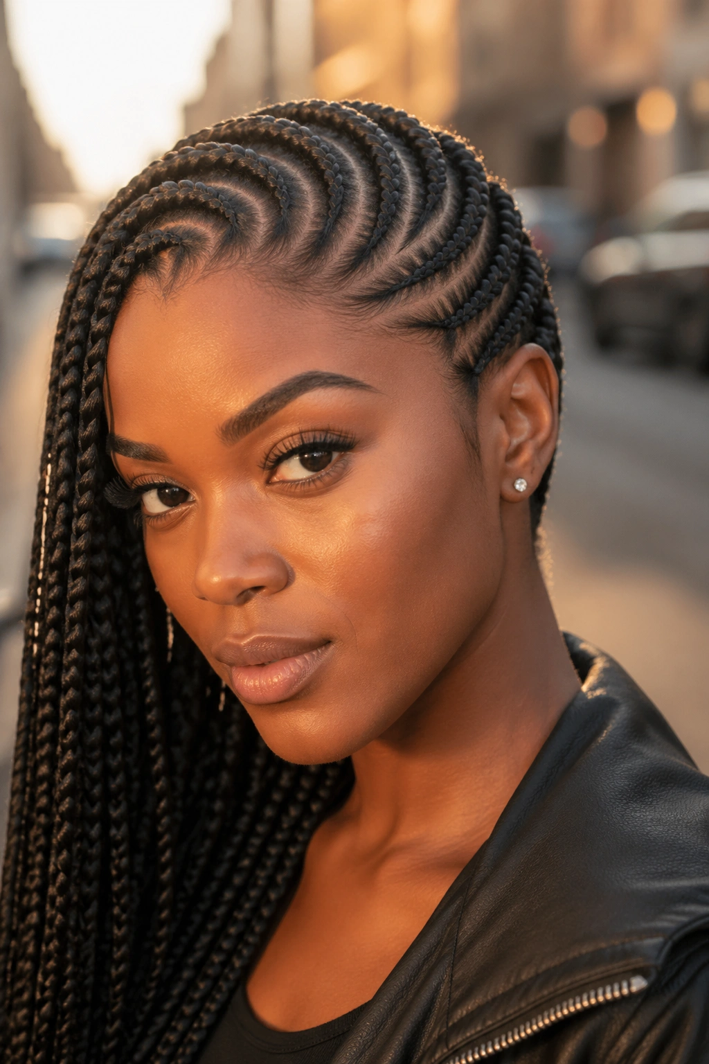Close-up of lemonade braids sweeping across head on a real woman