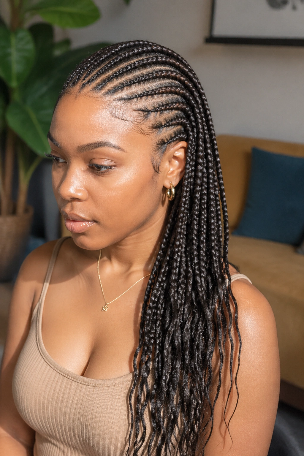 Portrait of a real person with lemonade-style directional cornrows ending in a side cascade.